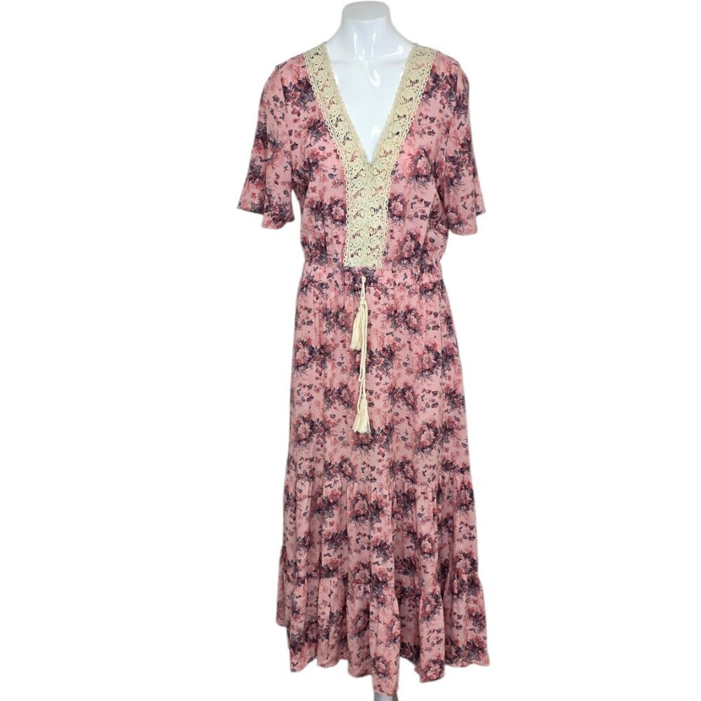 Sunday Mi Amor Bohemian Floral Midi Dress, Tie Waist, V-Neck, Size Small